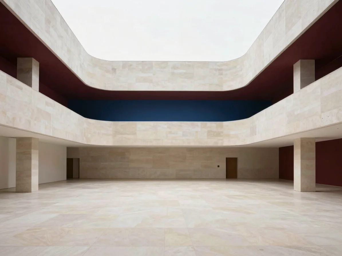 Editorial architectural photograph of a modernist building interi